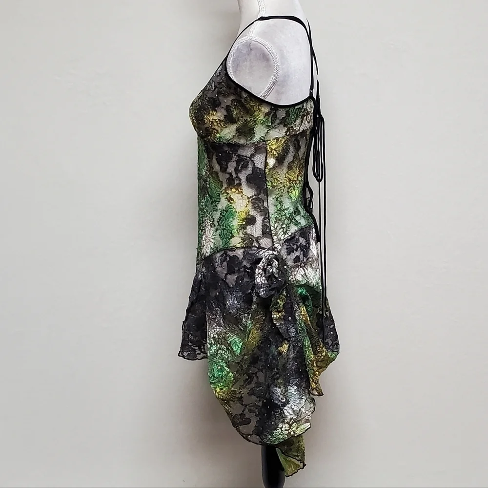 80s Rare Vintage Surprise Parties Green Tie-Dye Sheer Lace Lace-up Bustle Dress - Picture 8 of 16